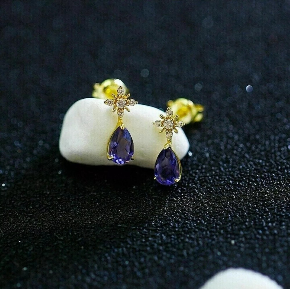 2Ct Pear Cut Blue Tanzanite Simulated Drop Earrings in 14K Yellow Gold Plated