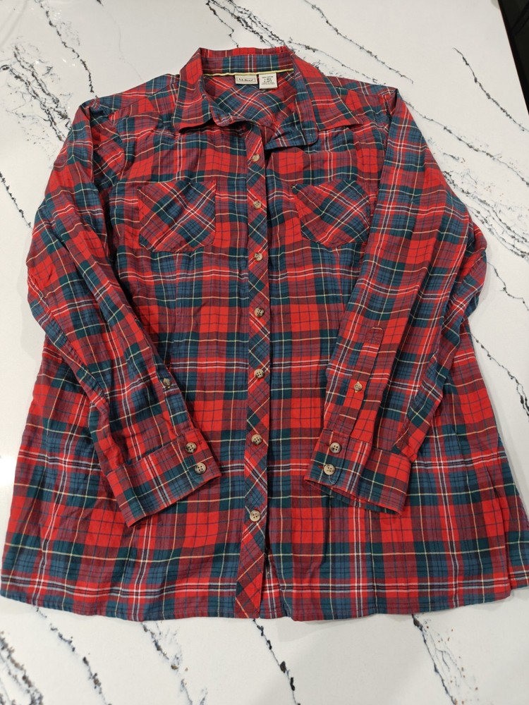 LL Bean Shirt Women Large Red Green Plaid Flannel Band Collar Cabincore Outdoor