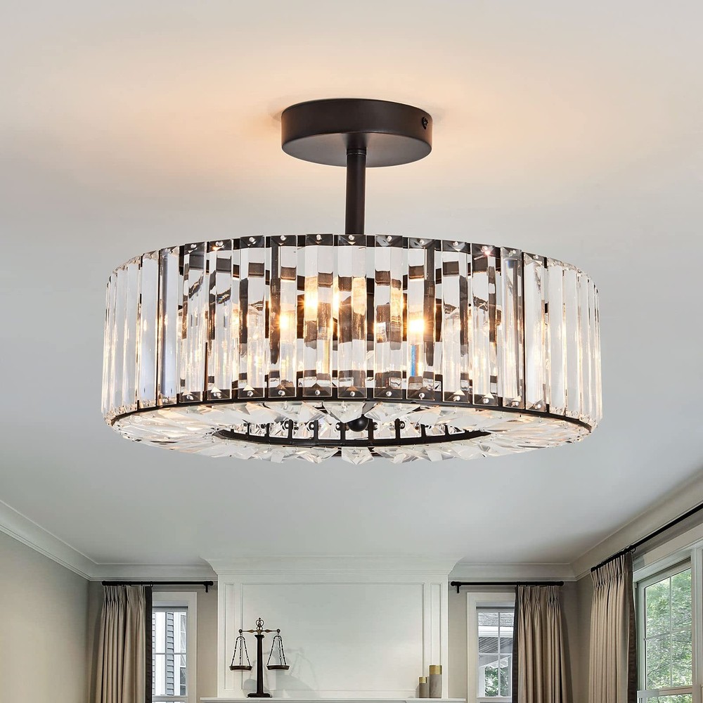 4 Lights Modern Crystal Chandelier Black Round Semi Flush Mount Ceiling Light...