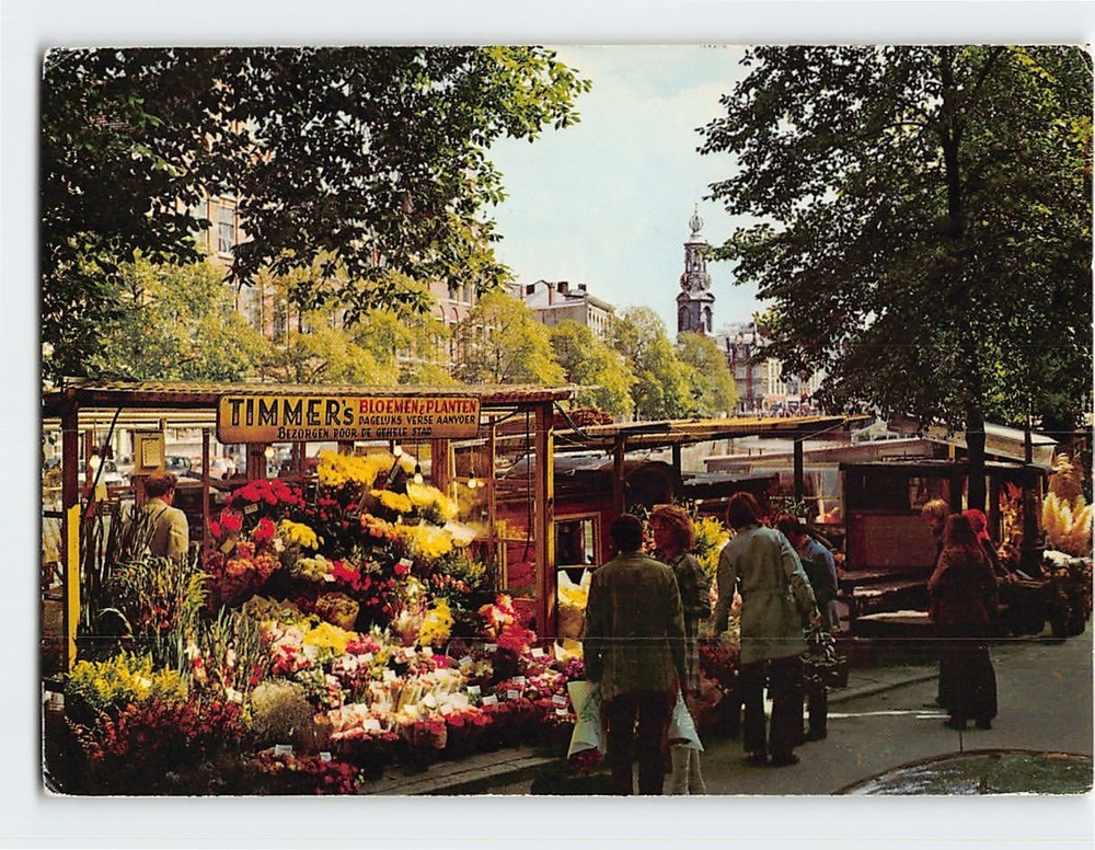 Postcard Flower Market with Mint Tower Amsterdam Netherlands