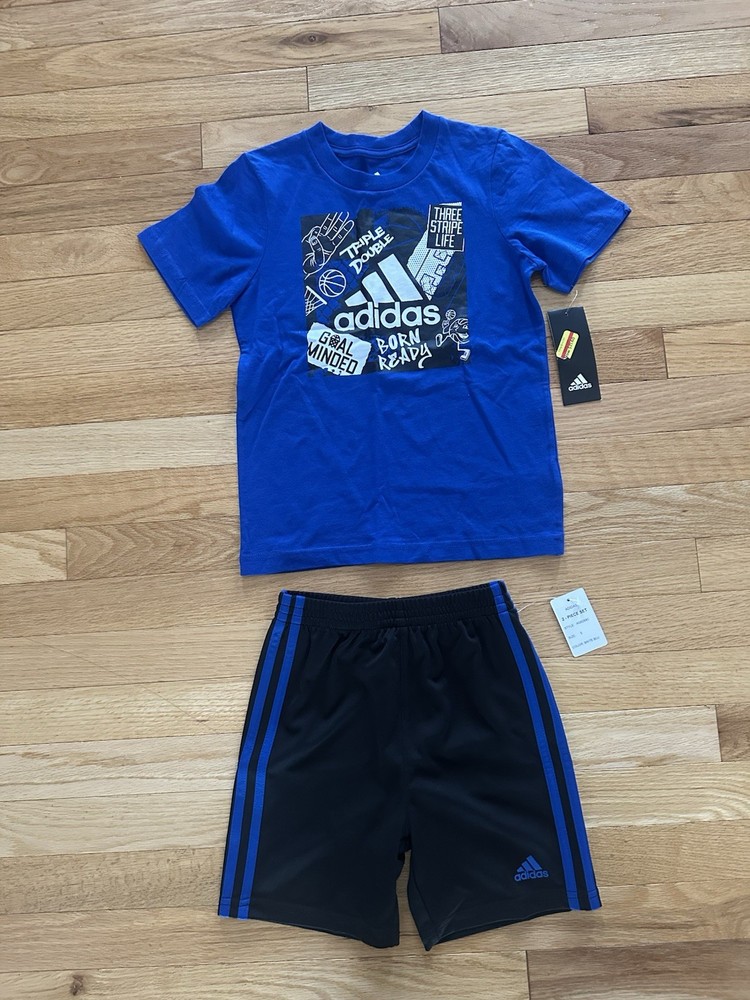 Adidas Boys 2 Piece Athletic Set Blue T-Shirt & Shorts Basketball Outfit New