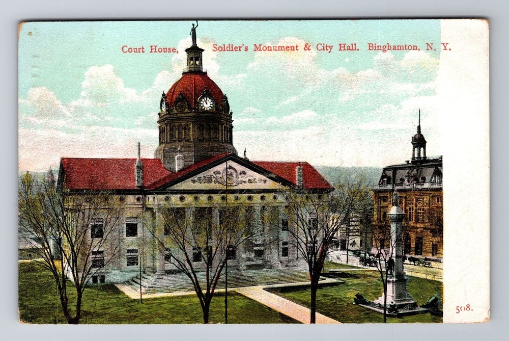 Binghamton NY-New York, Court House, Soldier's Monument, Vintage c1908 Postcard