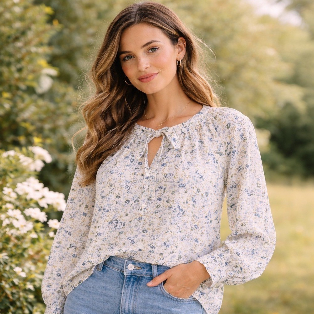 American Eagle Floral Peasant Top Size S Boho Tie Neck Long Sleeve Cottage