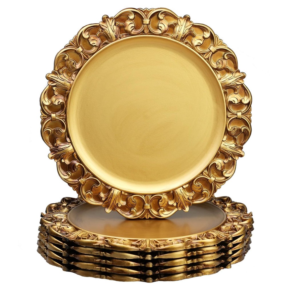 13 Antique Gold Charger Plates, Set of 6 Plastic Textured Chargers for Dinner...