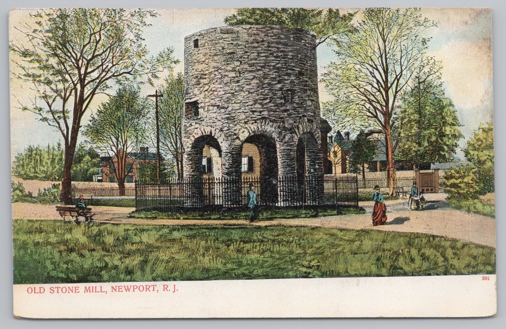 State View~Tourist Enjoying Scene Of Old Stone Mill In Newport R.J.~Vintage PC