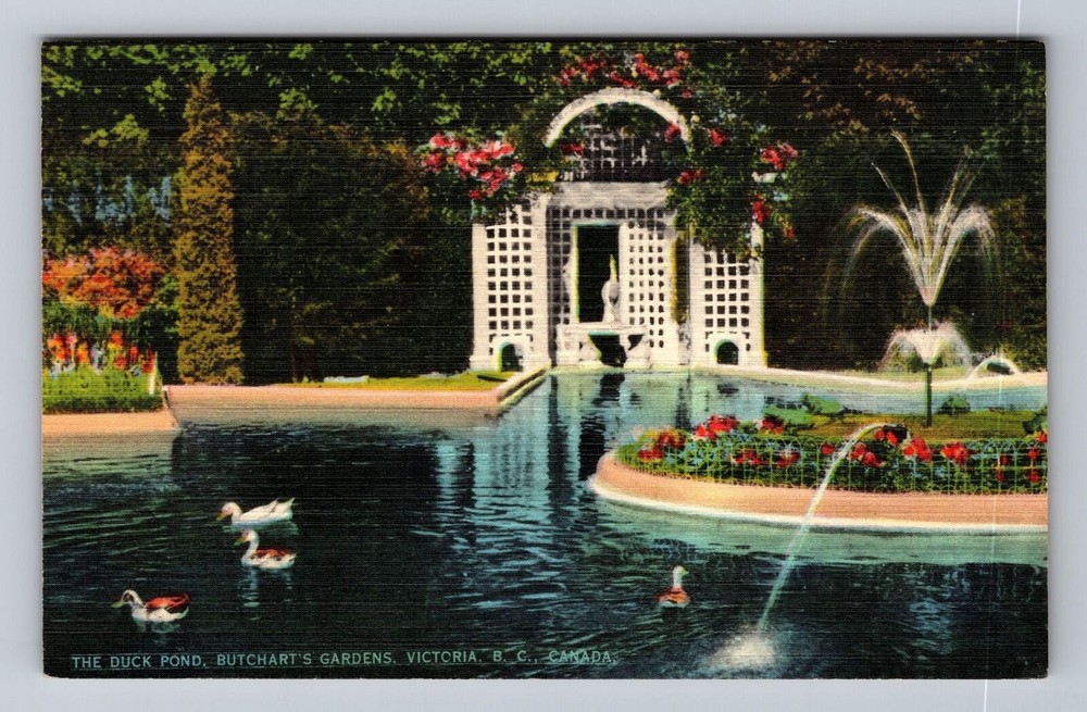 Canada British Columbia Victoria Butchart's Gardens Duck Pond Vintage Postcard