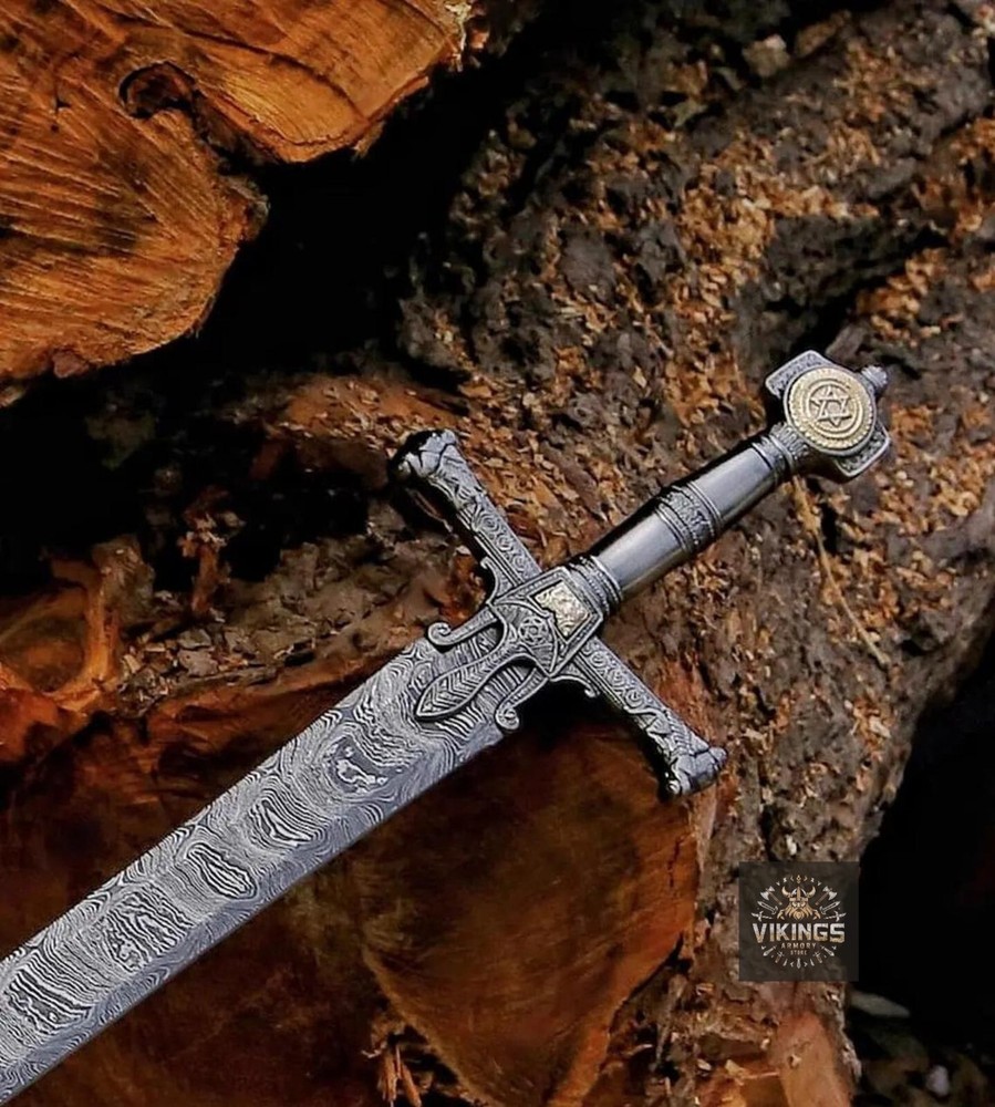 Hand Forged Damascus Steel King Solomon Battle Ready Sword with Sheath