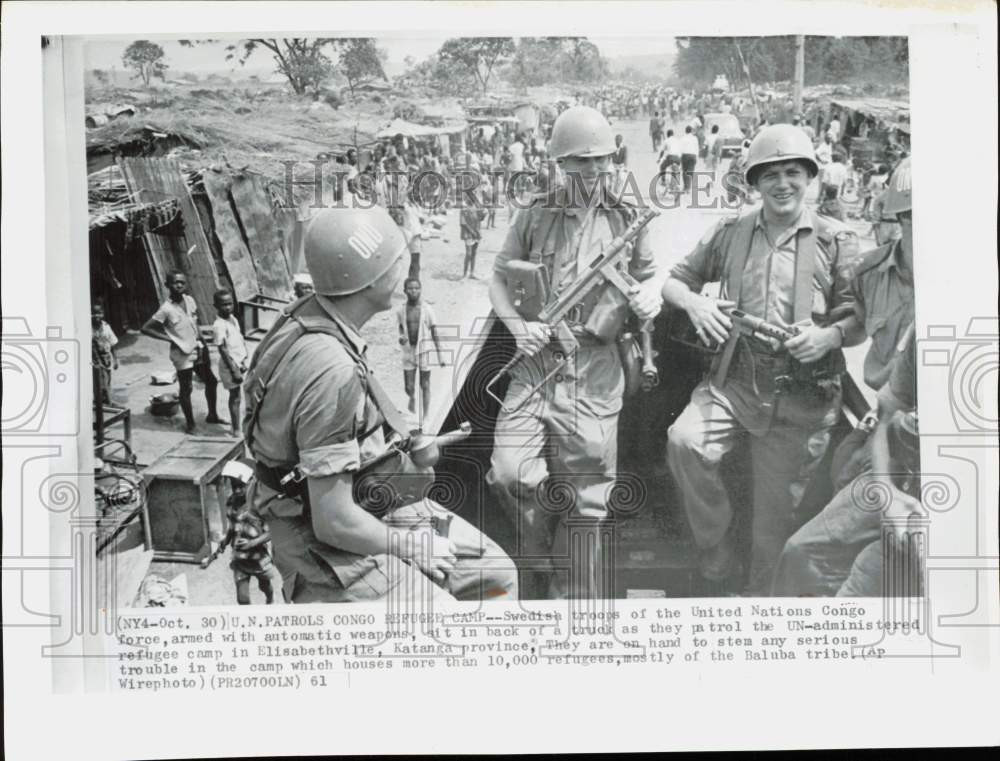 1961 Press Photo Swedish troops patrol Elisabethville, Katanga Refugee Camp