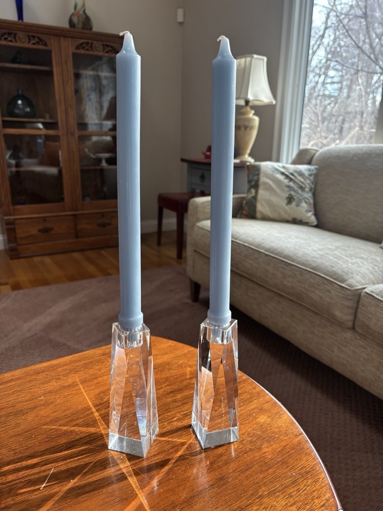 Vtg. Oleg Cassini Signed 6” Crystal Prism Candlestick Holders- Set Of 2