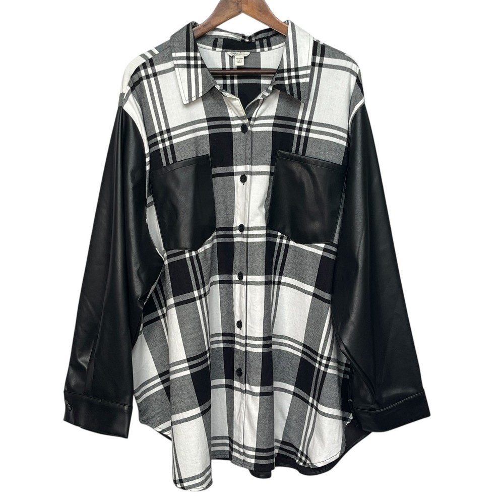 Cato Shacket Women Size 26/28W Black Plaid Faux Leather Long Sleeve Shirt Jacket