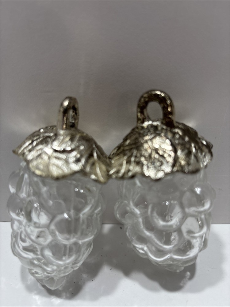Vintage Silver-Plated Grape Crystal Salt & Pepper Shakers with Leaf Lids