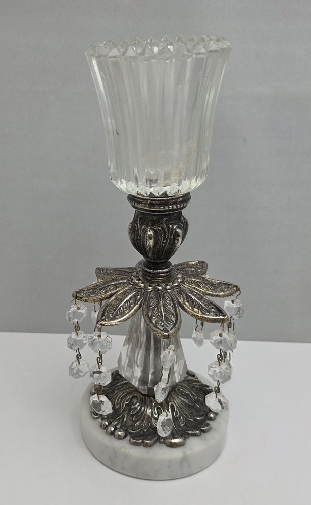 Vtg MCM Glass, Brass & Marble Base Candle Holder Hollywood Regency w/ Crystals
