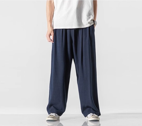 Men's Linen Cotton Blend Loose Drawstring Pants Chinese Wide Leg Trousers