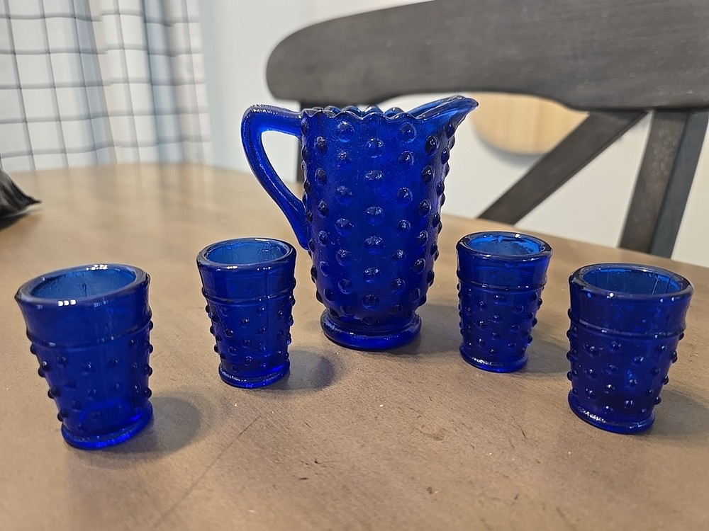 Fenton Cobalt Blue Hobnail Miniature Pitcher and Glass Set