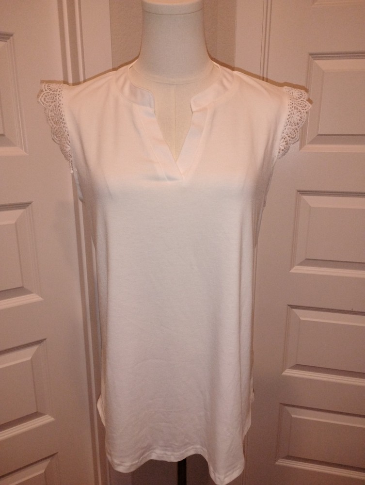 HALIFE Women's White Lace Accent V-Neck Sleeveless Pullover Top Regular M