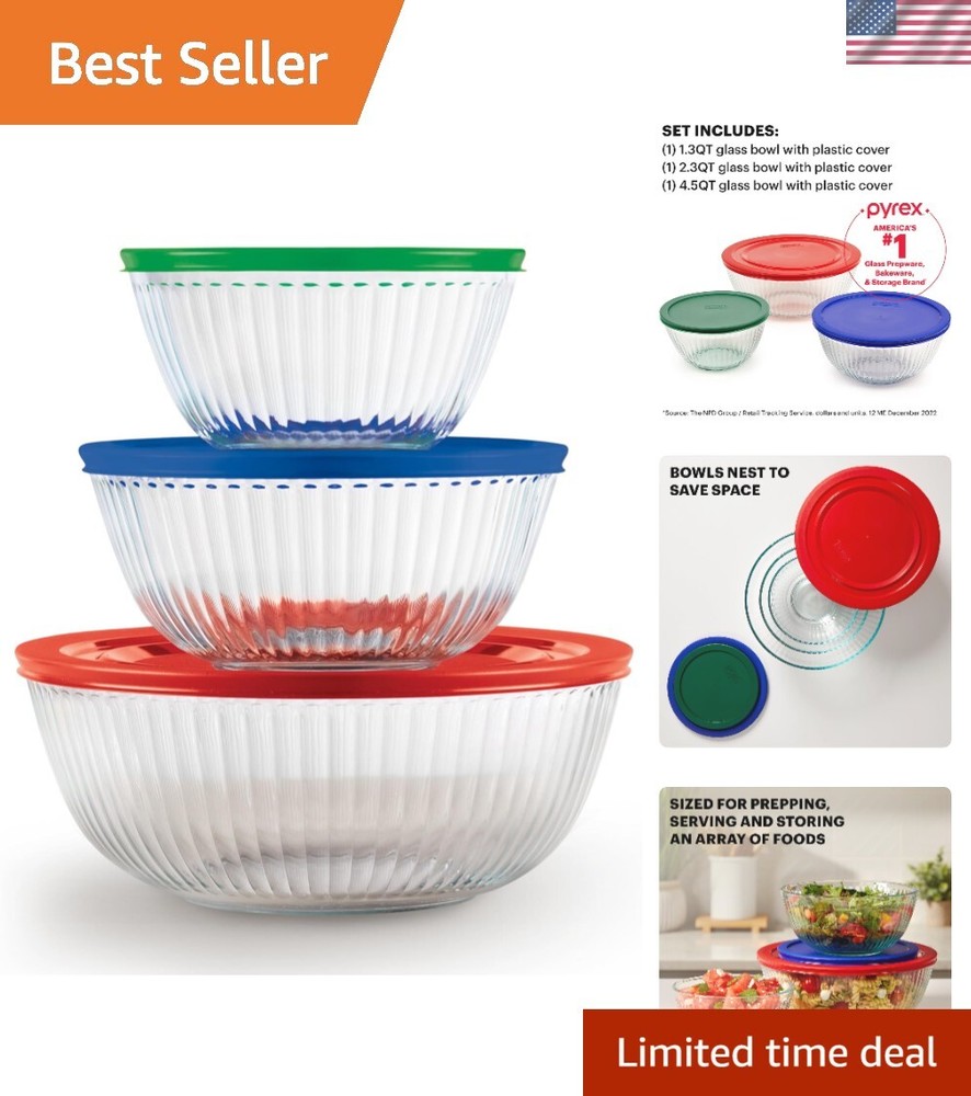 Sculpted 3-Pack Glass Mixing Bowls 1.3 QT, 2.3 QT, 4.5 QT with BPA-Free Lids,...