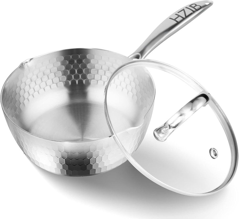 Stainless Steel Saucepan with Glass Lid,Two Side Spouts for Easy Pour,Ergonomic