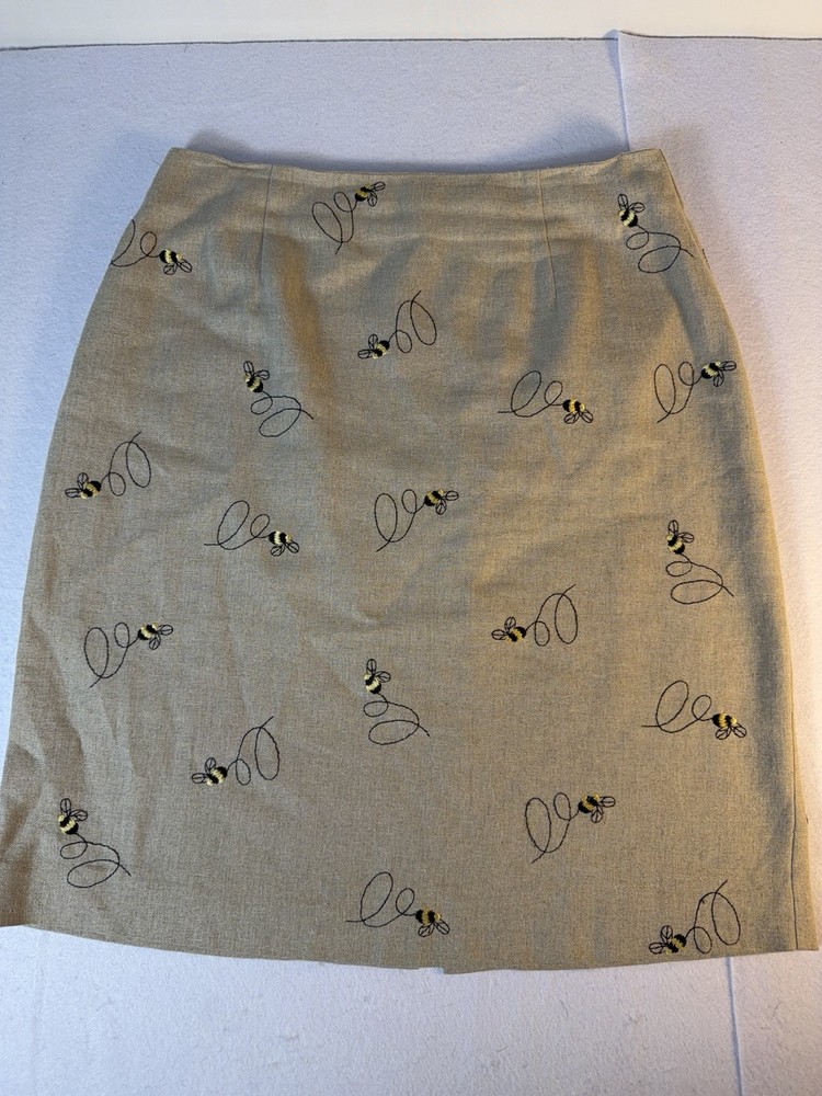 Talbots Bee Embroidered Linen Blend Skirt Womens 6 Tan Cottagecore