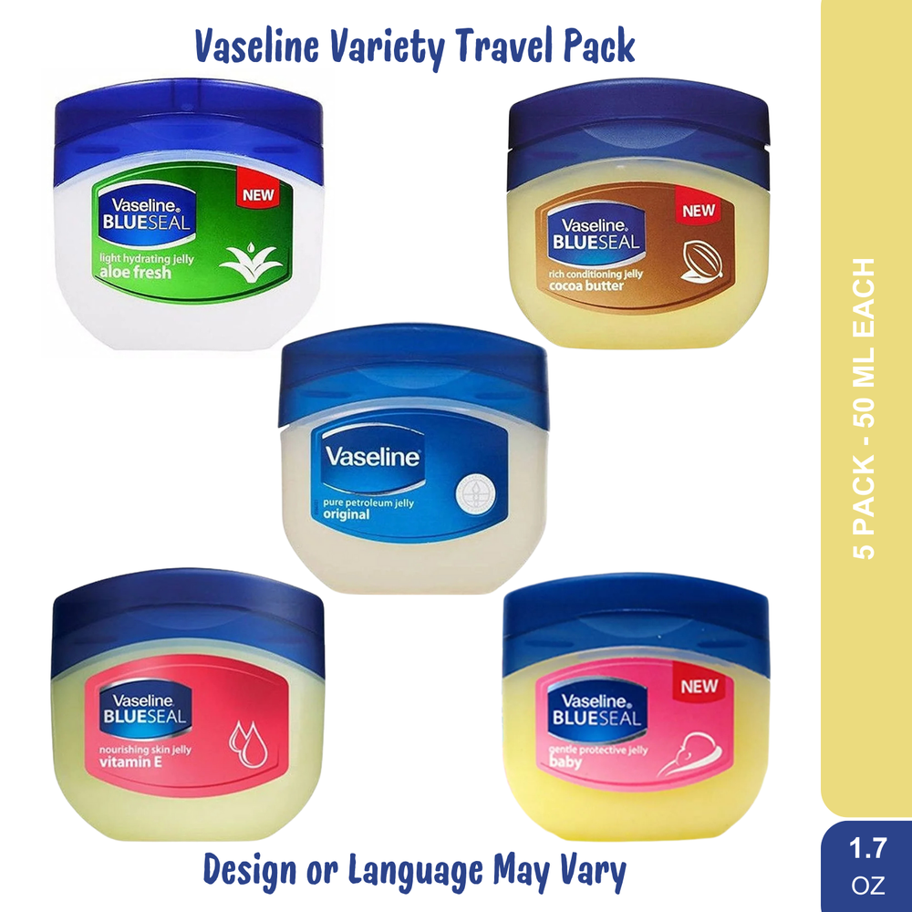 5-Pack Vaseline Jelly Travel Size 1.7 oz - Original, Baby, Aloe, Cocoa & Vitamin E