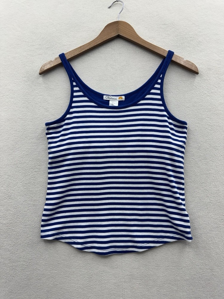 C&C California Women’s Large Tank White Blue Stripe Shelf Bra Scoop Neck Top