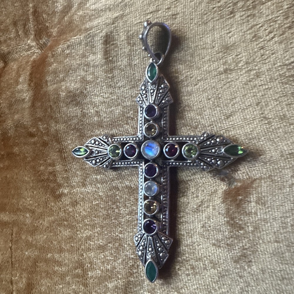 🌟 Nicky Butler Vintage Silver 925 Gemstone Cross Necklace ✝️ Boho Elegance