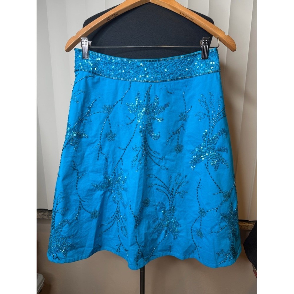 Anthropologie Basil & Maude Blue Sequin Embellished A-Line Skirt Size 4