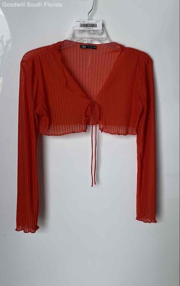 Zara Womens Orange Ribbed Tie Front Long Sleeve Cropped Blouse Top Size S