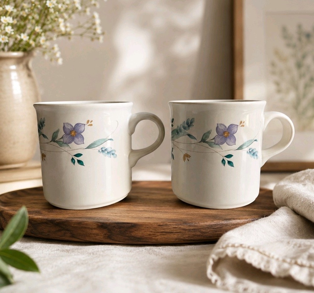 Pfaltzgraff Garden Bloom Set of 2 Coffee Mugs Floral Purple Blue Stoneware USA