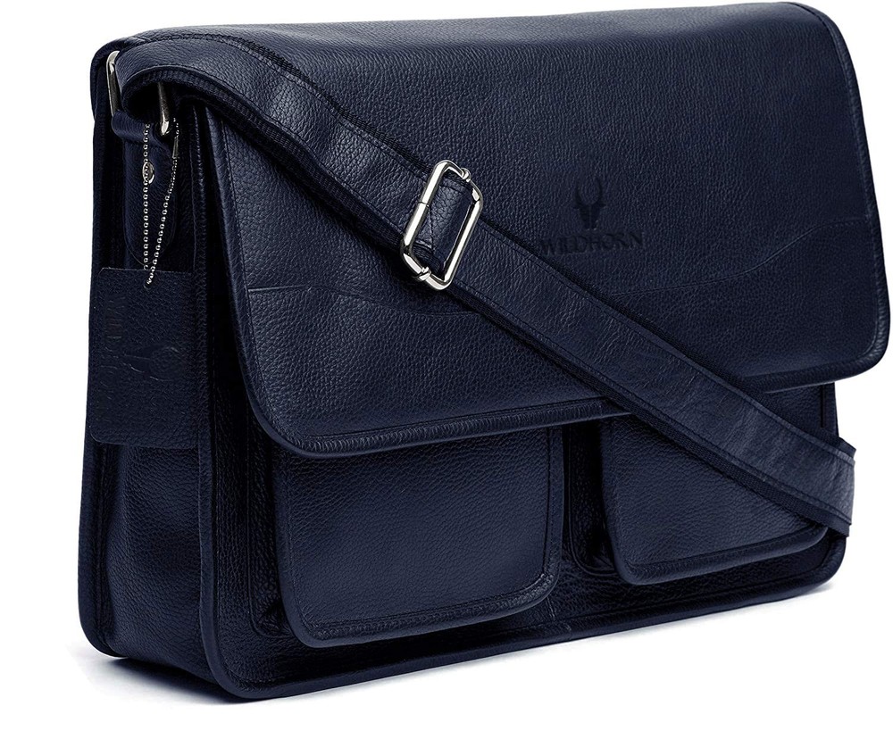 Blue Leather Laptop Messenger Bag for Men with Adjustable Strap Office Business Bag