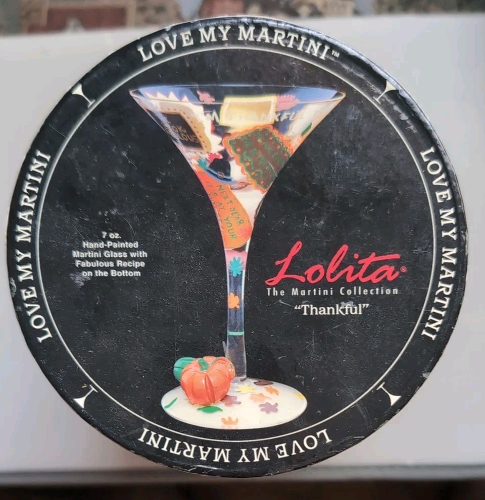 Lolita Thankful Martini Glass Hand Painted Rare Santa Barbara Collectible Gift