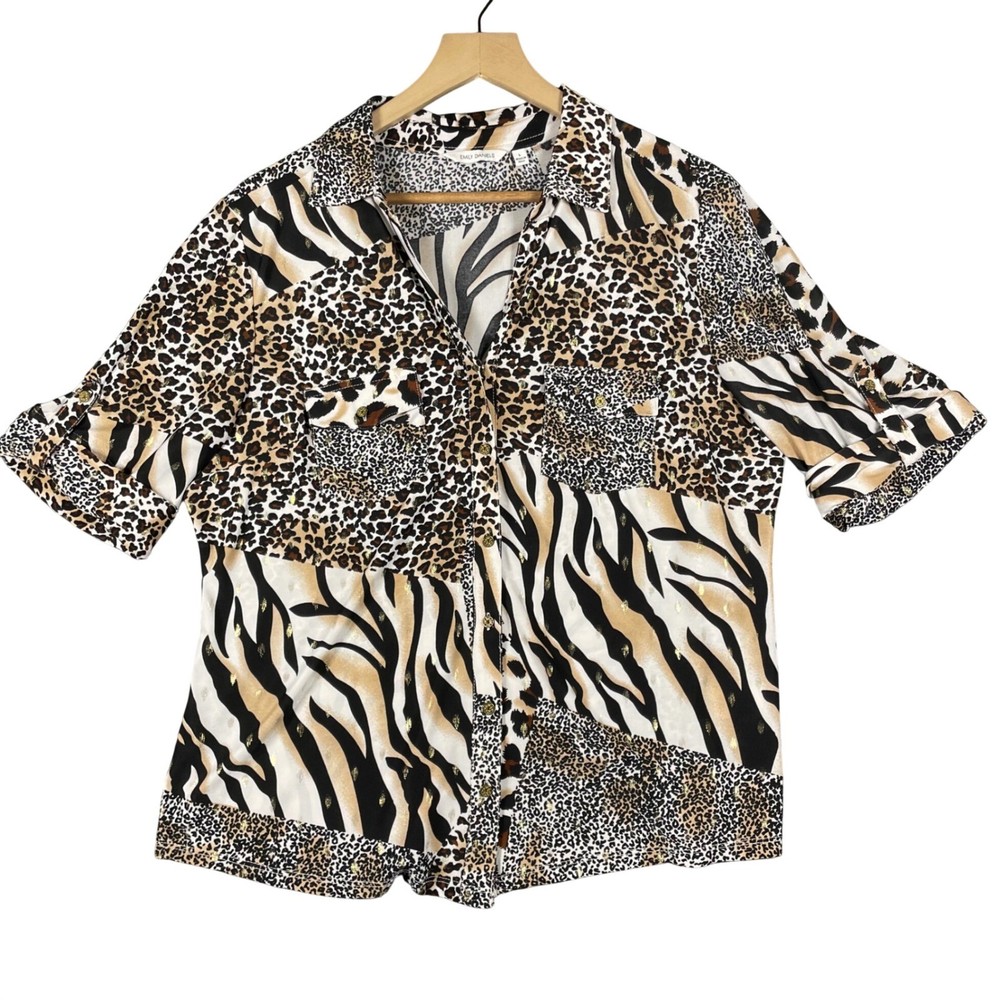 Emily Daniels Mixed Animal Print Button Up Shirt Gold Foil Leopard Zebra Large