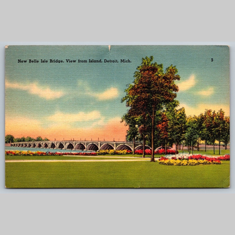 Postcard New Belle Isle Bridge View from Island Detroit Michigan