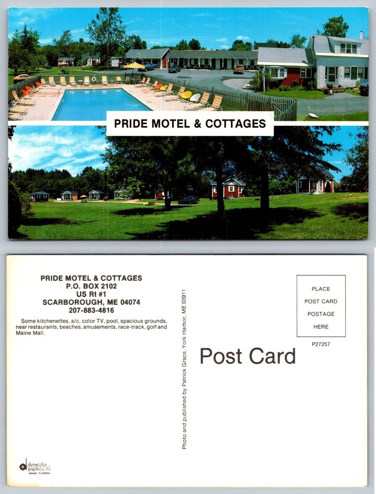 Pride Motel & Cottages Scarborough Maine ME Vintage Postcard Pool & Grounds