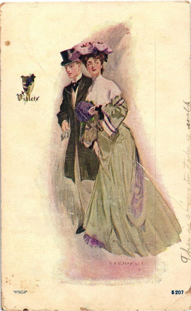 Vintage 1908 Postcard Violets Art Nouveau Elegant Couple Texas Postmarked