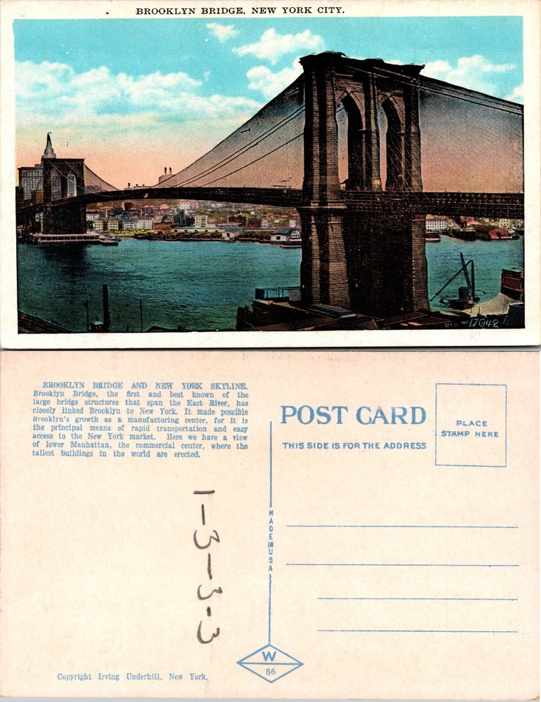 New York NY Brooklyn Bridge Waterfront Skyline Postcard