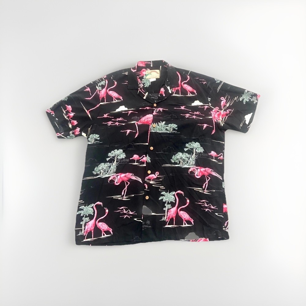 Paradise Found Hawaiian Shirt 100% Rayon Flamingo Theme Made In Hawaii Size L