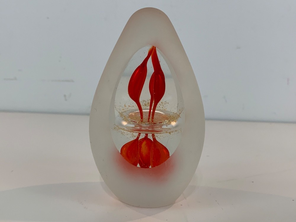 Vintage Hand Blown Art Glass Paperweight with Frosted Swirl & Red Abstract Dec.-image