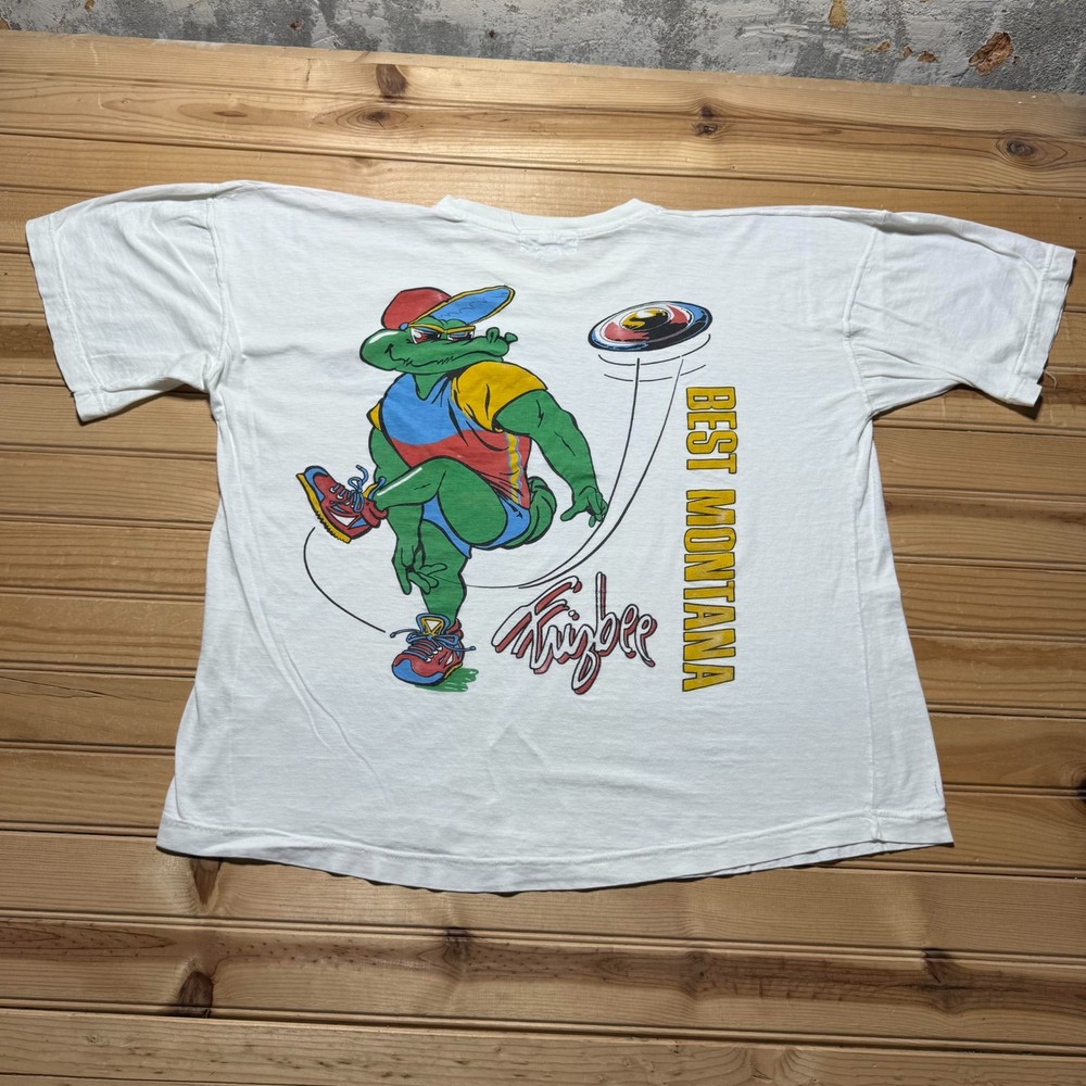 Vintage 90s Best Montana Frisbee Gator Crocodile Cartoon Sports T-Shirt Size XL