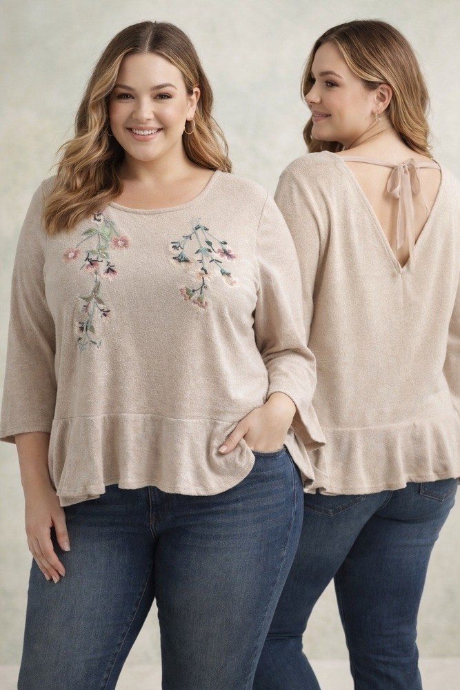 Lauren Conrad XL Boho Embroidered Floral Peplum Top Tie Back Beige Cottagecore