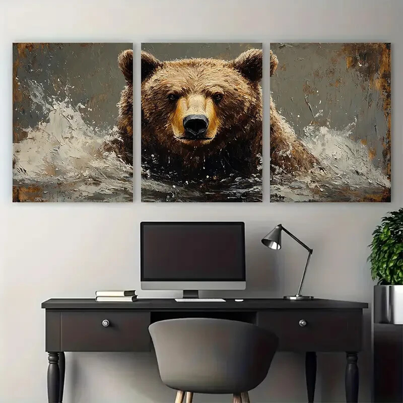 3pcs Grizzly Bear Metal Print Wall Art - Ready to Hang Wildlife Portrait