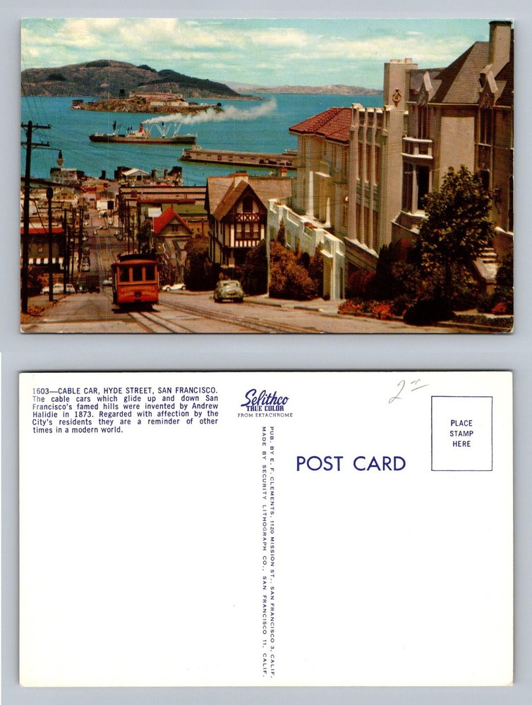 San Francisco CA-California Hyde Street Cable Car Alcatraz View Vintage Postcard