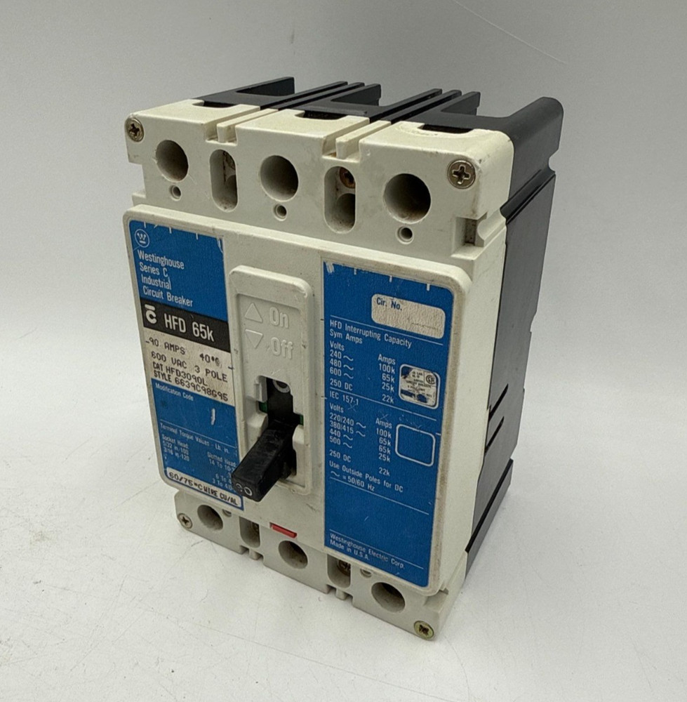 Westinghouse HFD3090L Circuit Breaker 90A 600V 3P HFD 65k 90 Amp 3 Pole