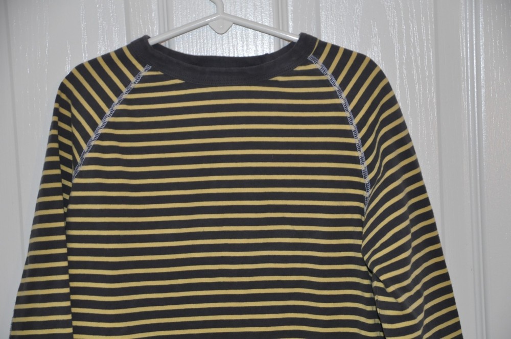 Mini Boden boys 9-10  yellow navy  stripe long sleeve shirt lt blue embroidery
