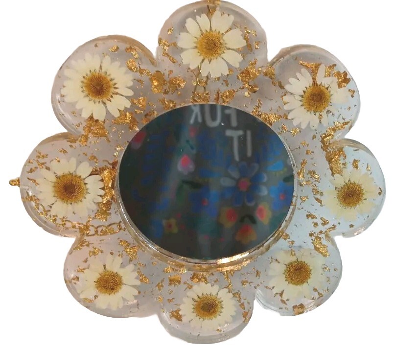 Resin Daisy Mirror, Gold Flakes, Flower Shape, Hanging, Retro, Boho 6