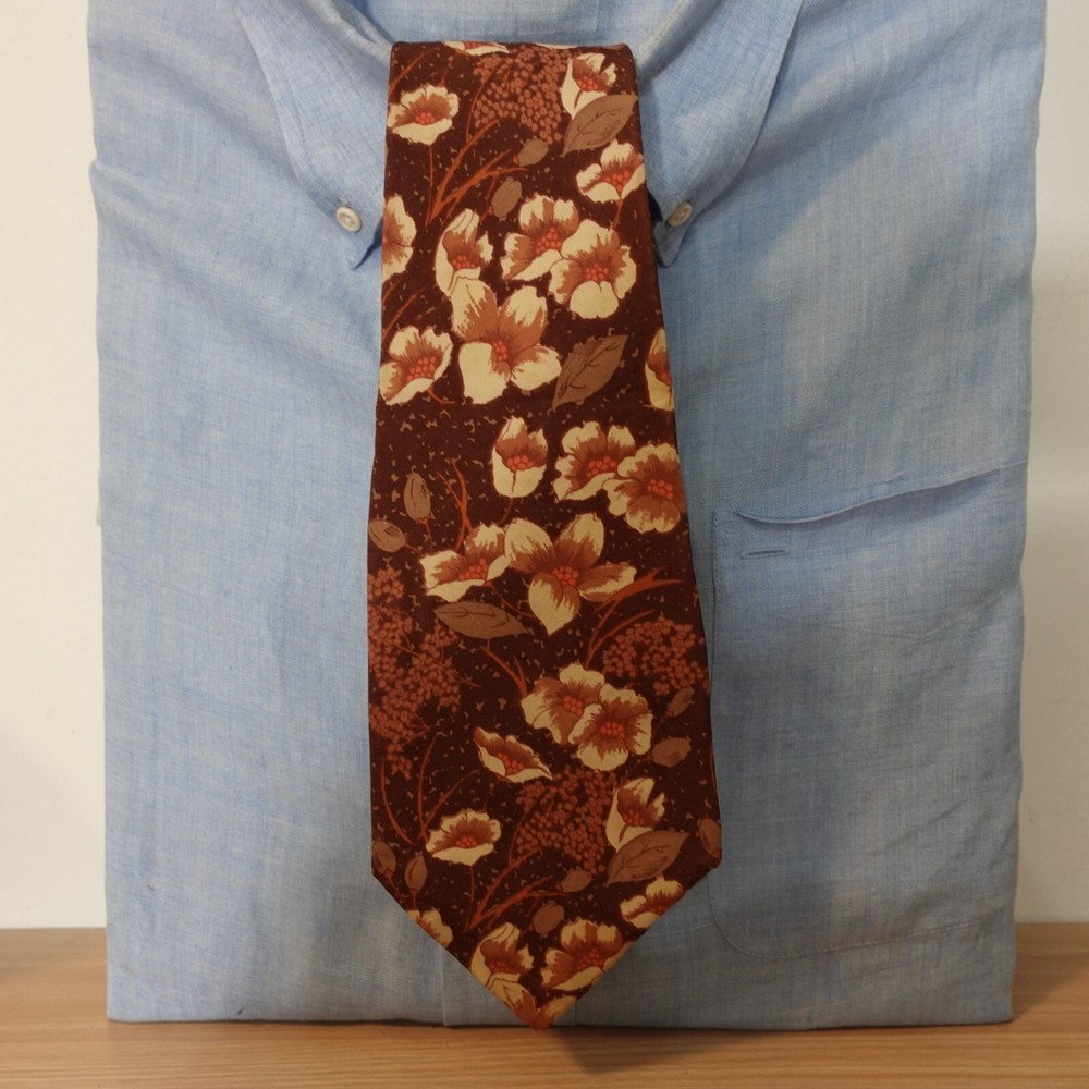 Neck Tie Men Brown Floral Silk Hippie Flower Nature Luxury Wide JAPAN HANAE MORI