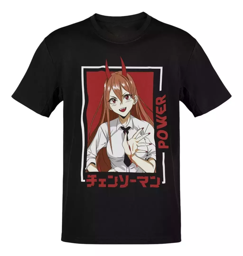 Anime Chainsaw Man Power Panel Letras Rojas Lineas Blancas T-Shirt Size S-5XL