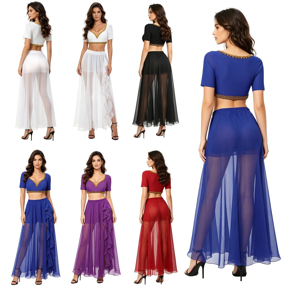 Women Dancing Performance Sequin Tassel Tribal Belly Dance Top And Maxi Skirt
