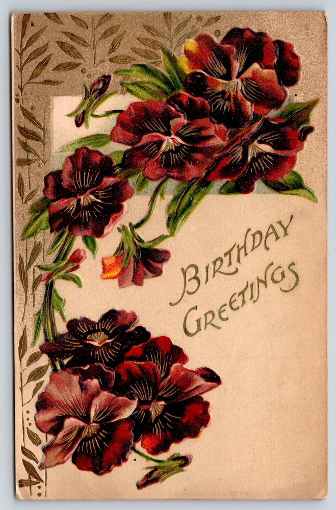 Greetings~Birthday~Scarlet Flowers On Beige Bkgd~PM 1909 Postcard