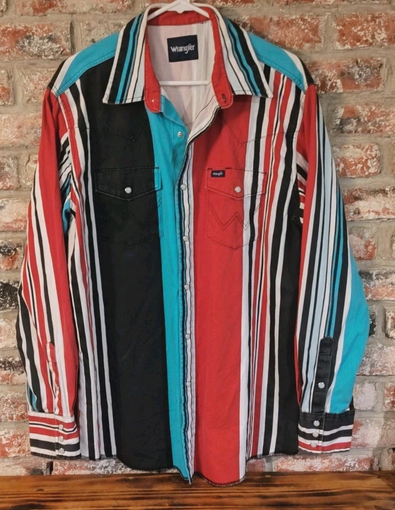 Men's Vtg Wrangler Brushpopper Red Black Teal Striped Western Snap Shirt L EUC