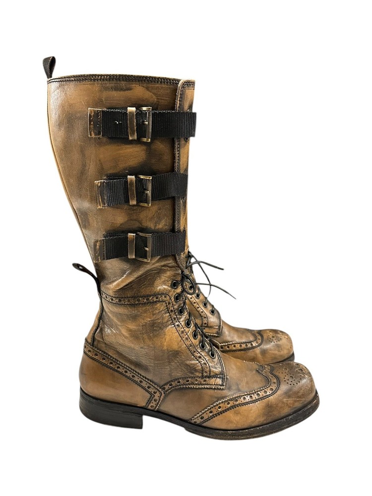 Italian Brown Leather Chunky Military Wingtip Boots EU 44 US 10